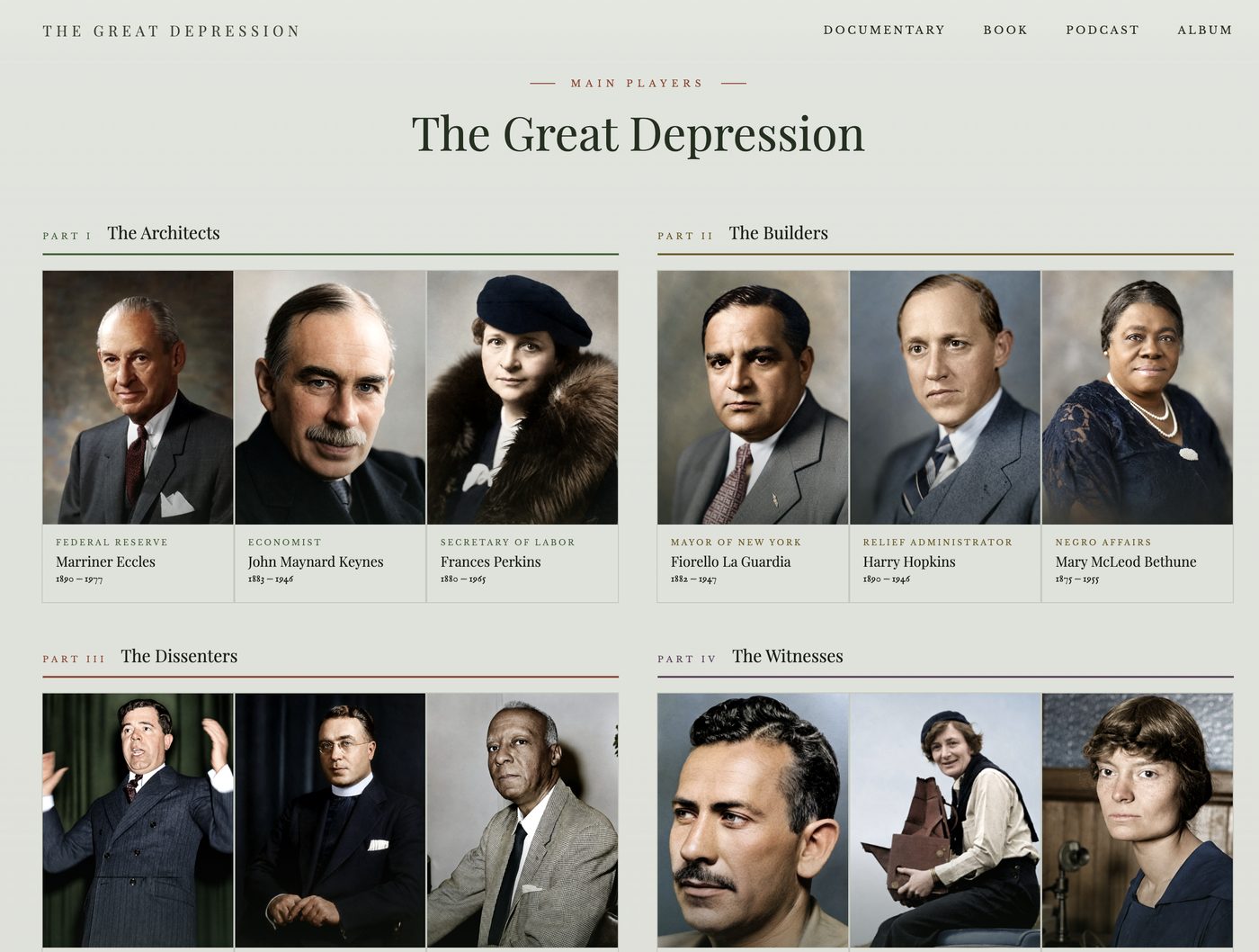 Screenshot of GreatDepression.com, an editorial site profiling key figures of the Great Depression
